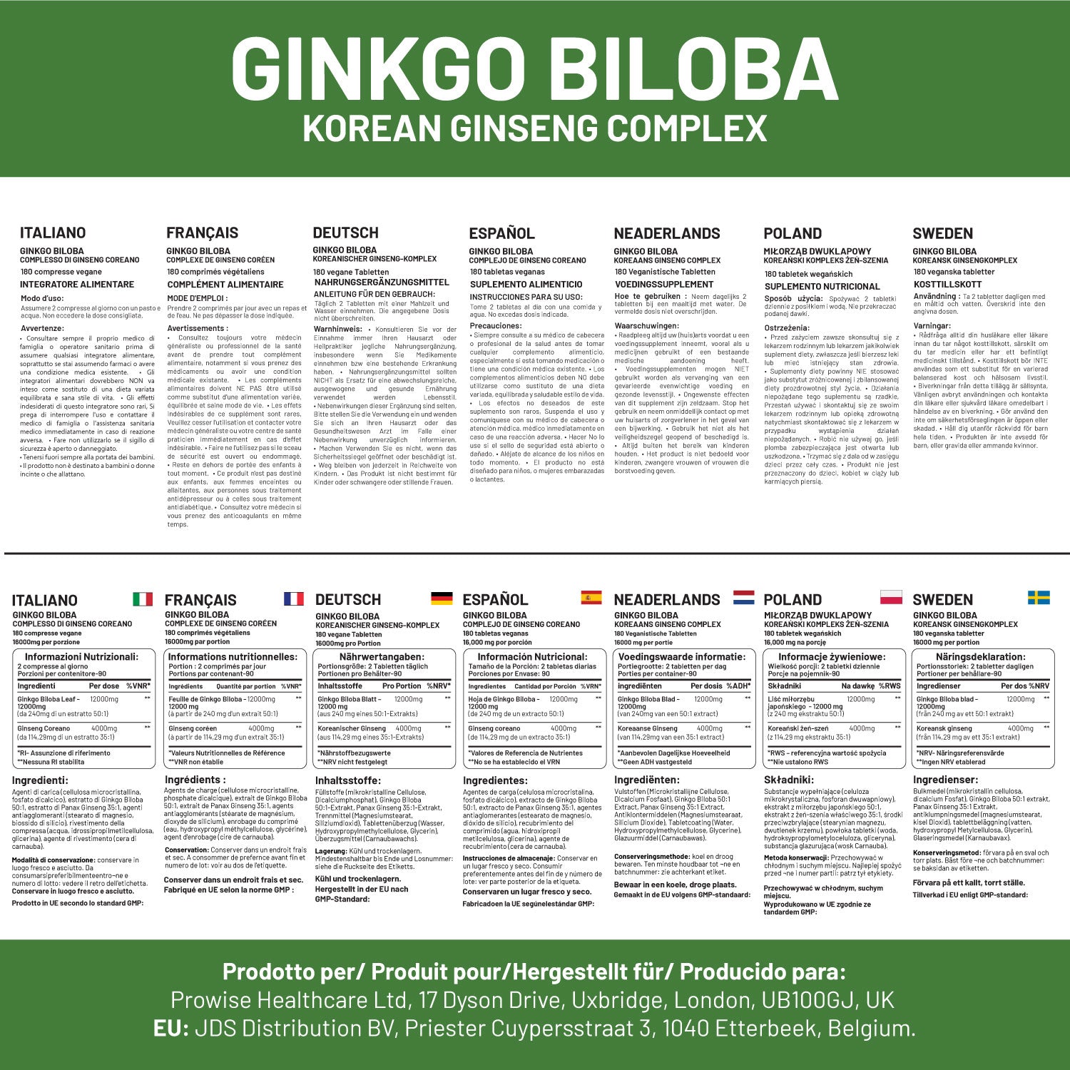 Prowise Ginkgo Biloba & Korean Ginseng 16000mg - 180 Vegan Tablets