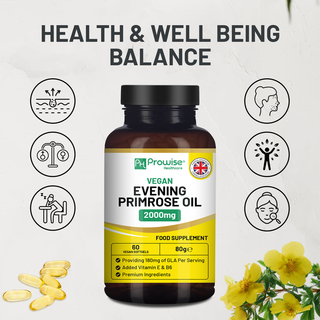 Vegan Evening Primrose Oil 2000mg with Vitamin E & B6, 60 Softgels